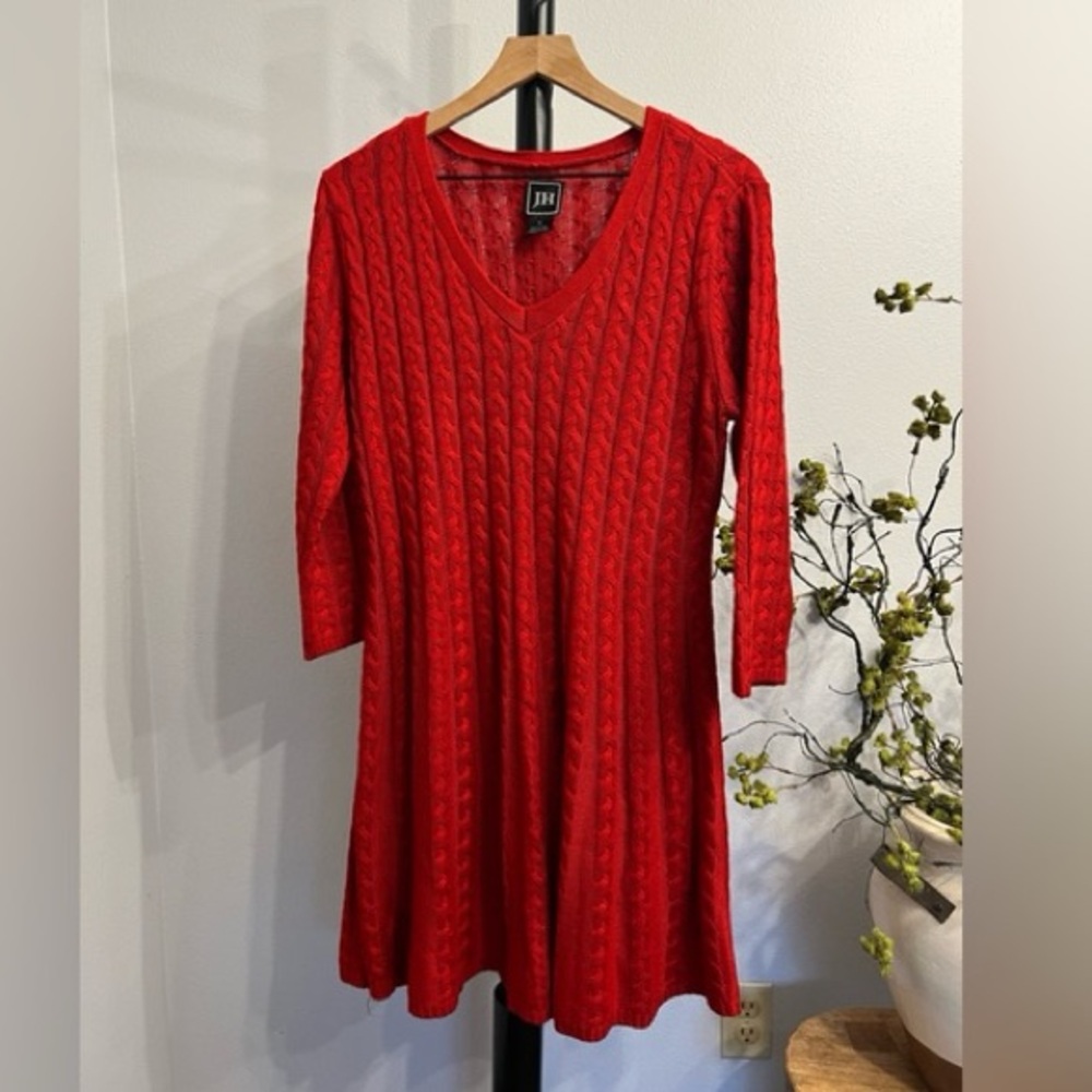 JH Women’s Red Long Sleeve Cable Kint Sweater Dress! Size Medium. - Picture 3 of 10
